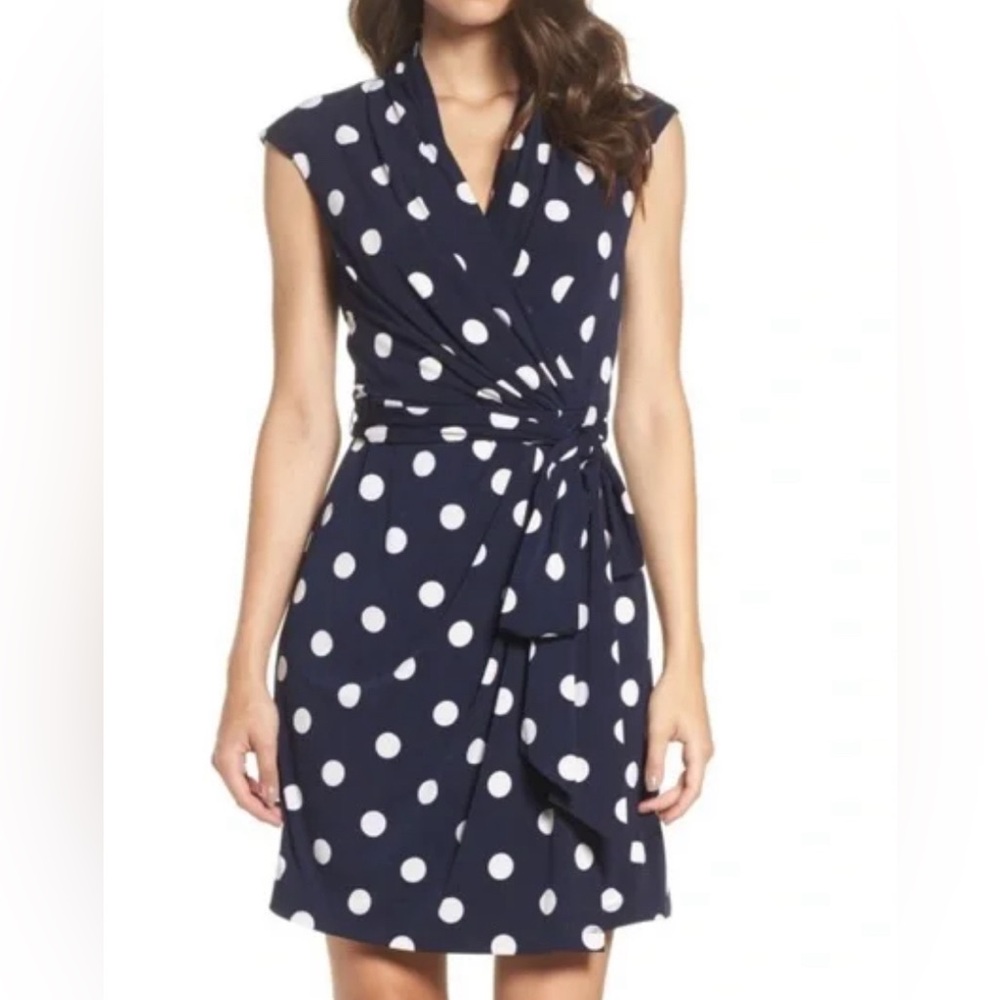 Eliza J Polka Dot Jersey Faux Wrap Navy Dress Size 2